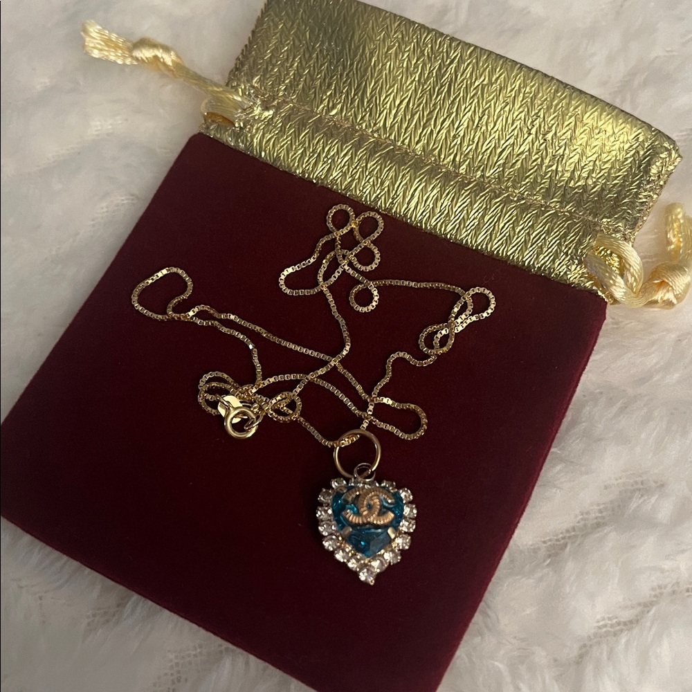 Authentic Chanel Blue Heart Necklace on 925 Sterling Silver Gold Tone Box Chain